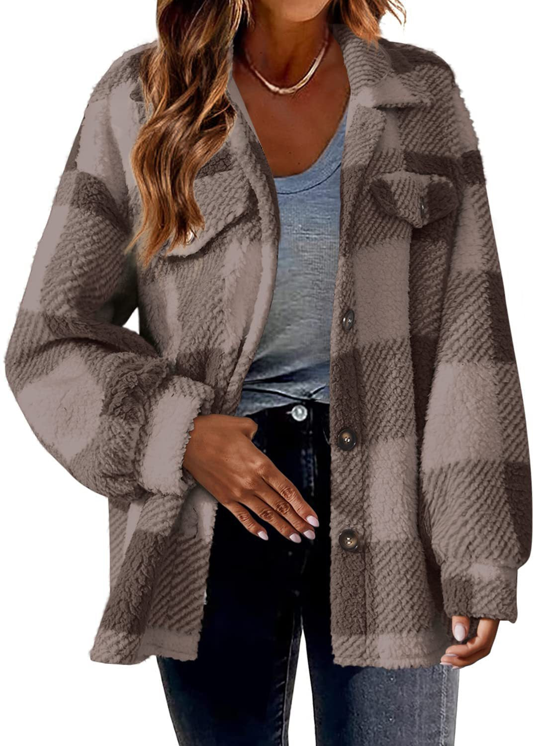 Women's checked textured shirt jacket with long sleeves, button front and chest pockets