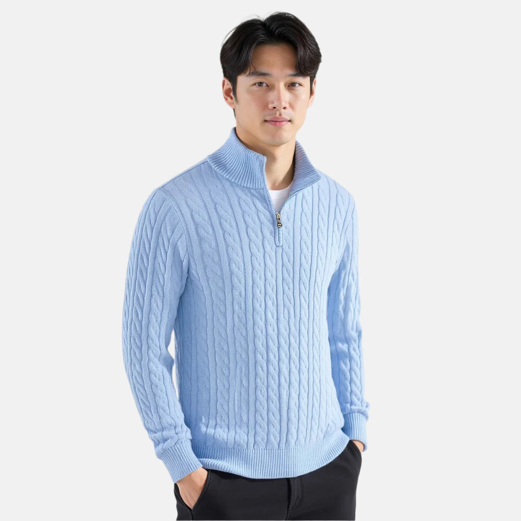 Men's cable knit quarter-zip sweaters in five colours