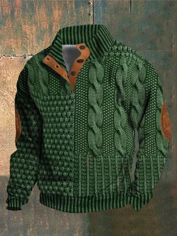Men's textured cable knit jumper with mock neck, button placket and contrasting elbow patches