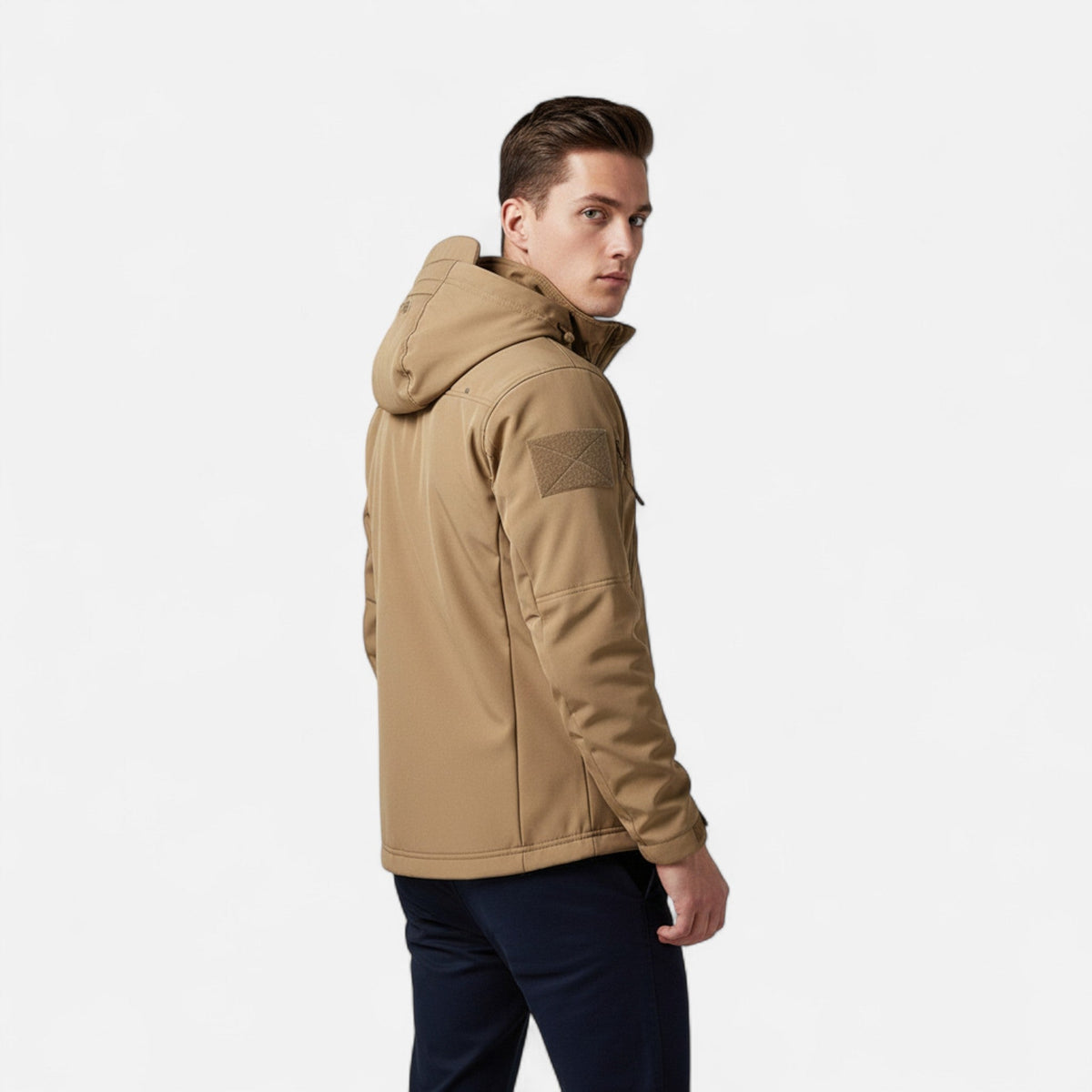 Men's hooded full-zip jacket with multiple zipped pockets and adjustable cuffs
