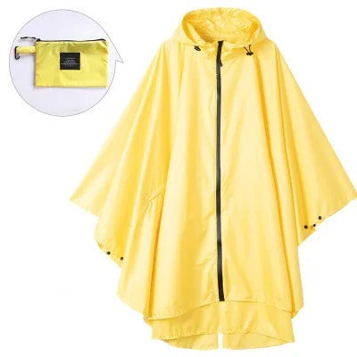 Patterned hooded rain poncho with zip front and wide sleeves