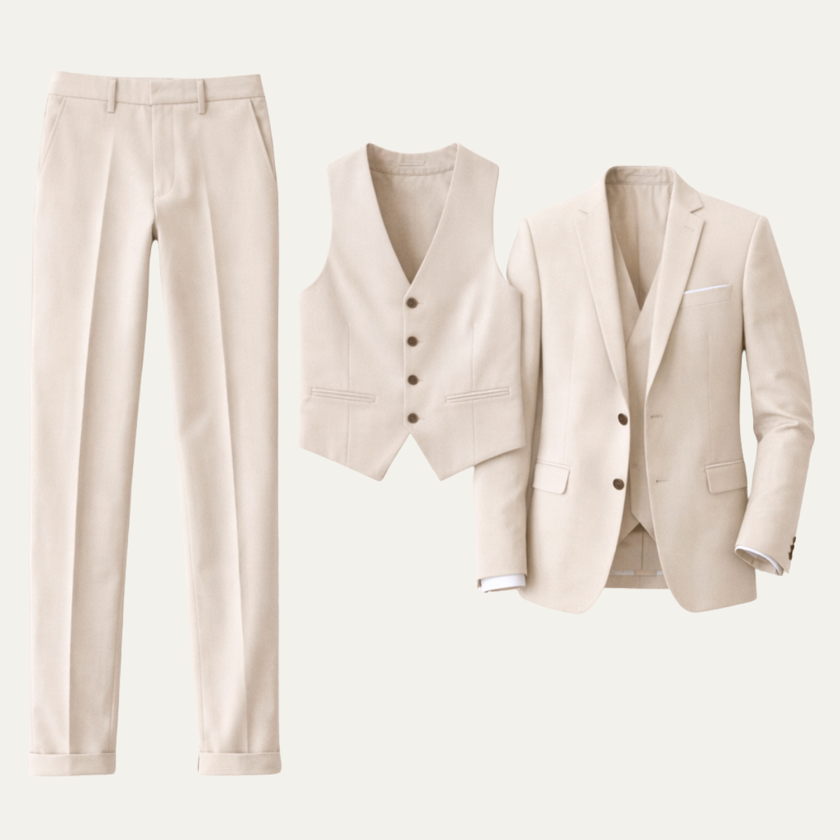Men's three-piece slim fit suit with blazer, buttoned waistcoat and trousers