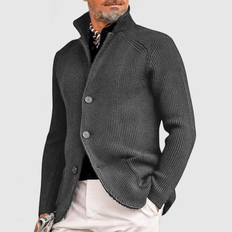 Men's textured knitted cardigan with mock neck, button front and pockets
