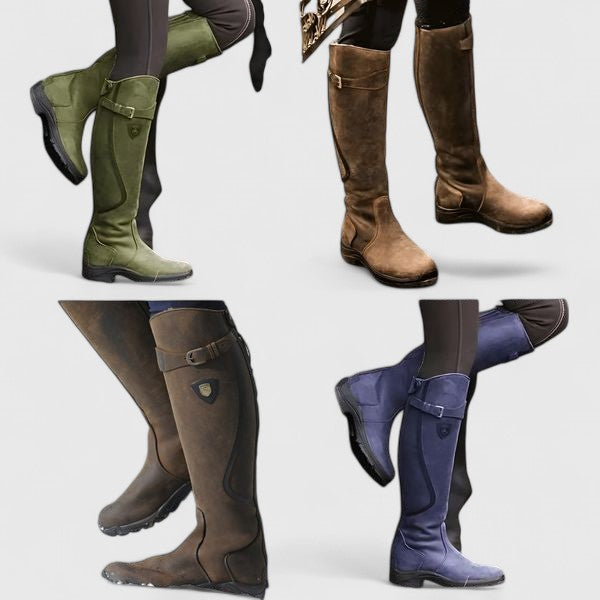 Women's knee-high panelled boots with buckle straps and low heels