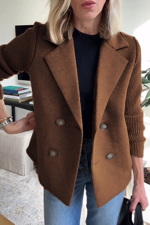 Women's double-breasted blazer with ribbed knit sleeves and notched lapels