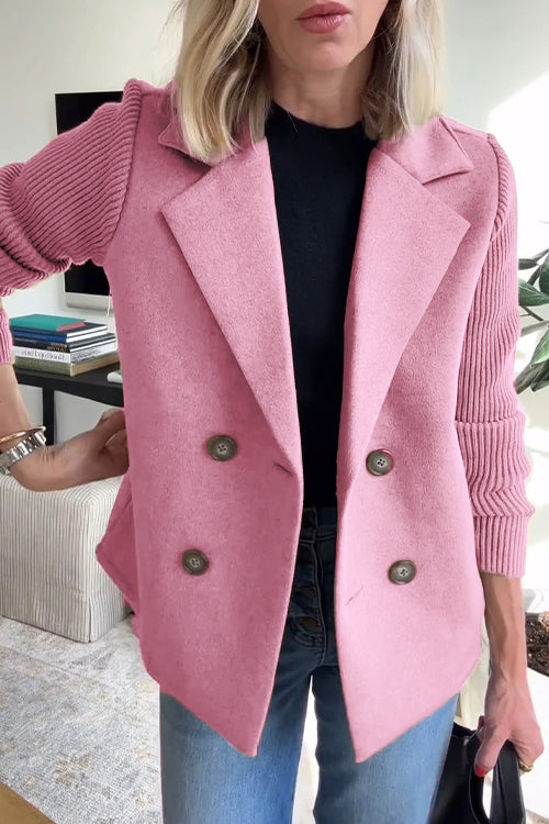 Women's double-breasted blazer with ribbed knit sleeves and notched lapels