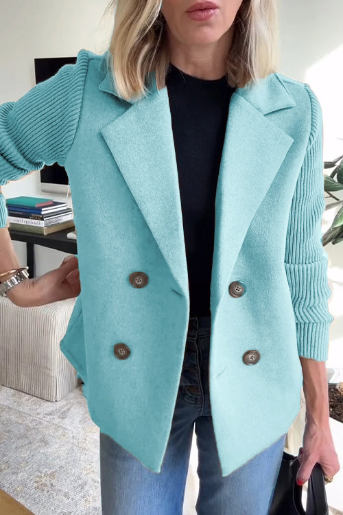 Women's double-breasted blazer with ribbed knit sleeves and notched lapels