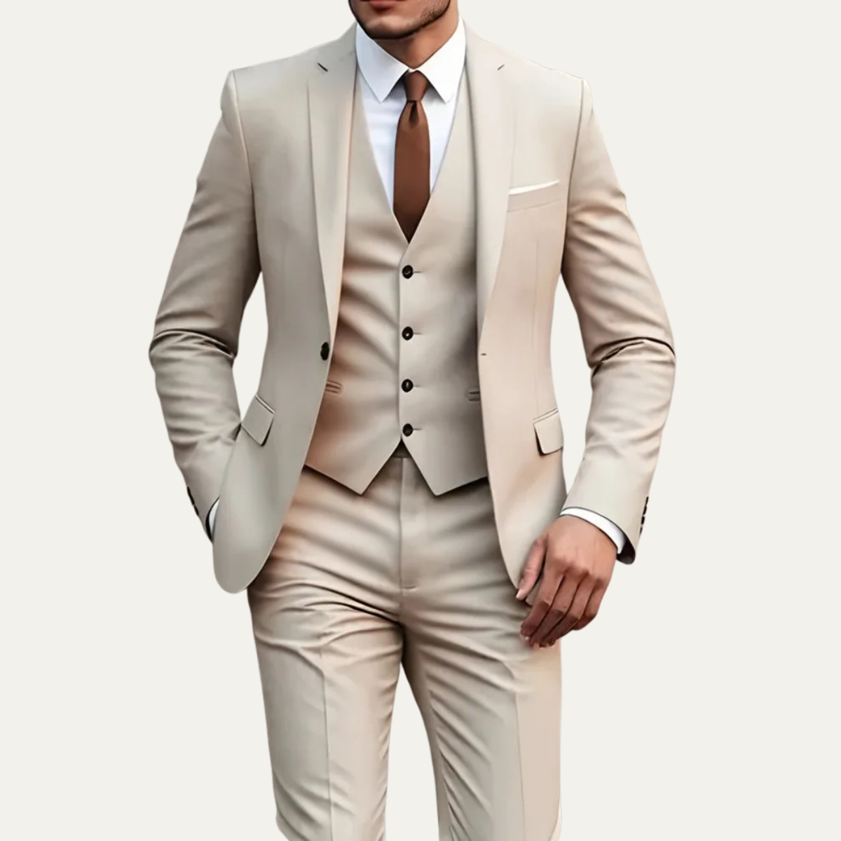 Men's three-piece slim fit suit with blazer, buttoned waistcoat and trousers