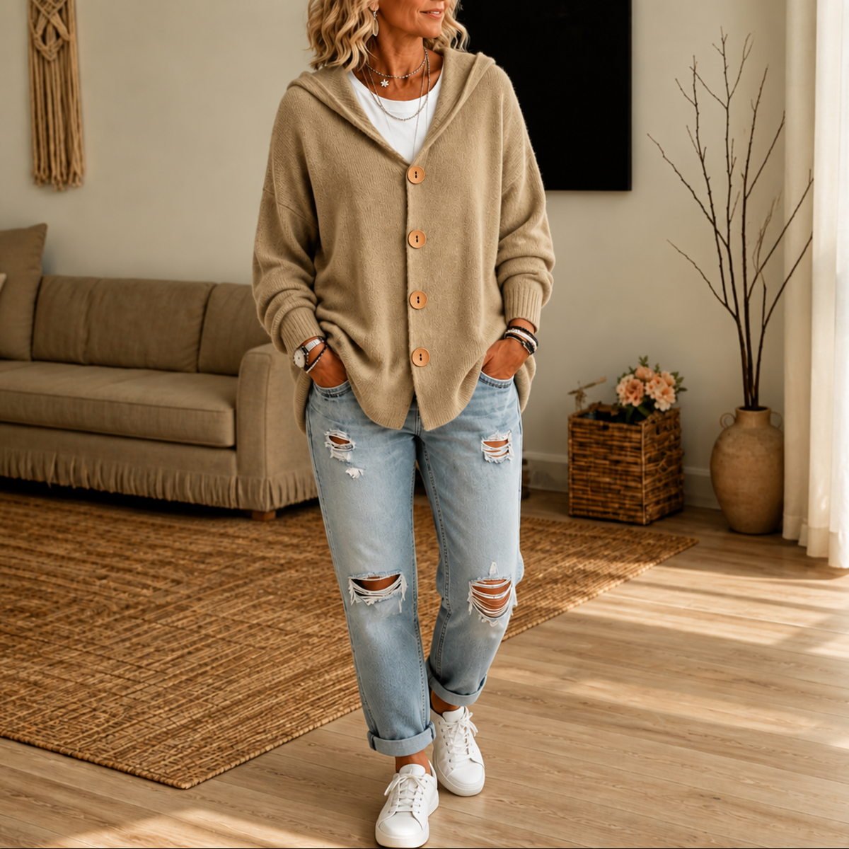 Women's hooded waffle-knit cardigan with button front and ribbed cuffs