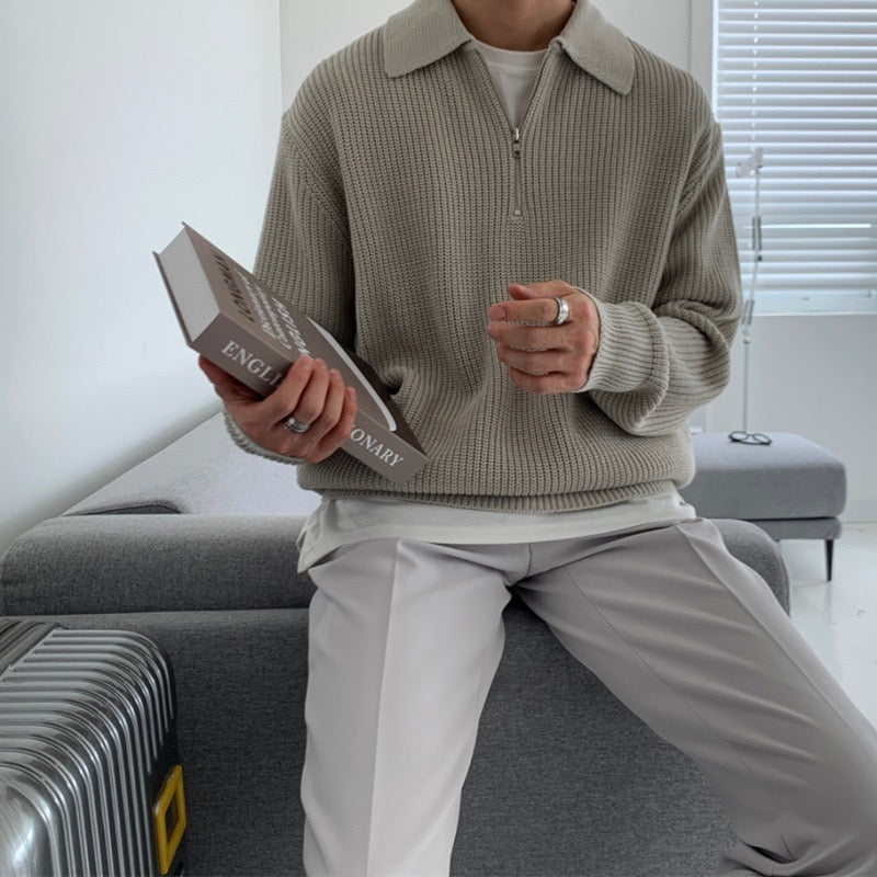 Men's textured half-zip jumper with collared neckline and long sleeves