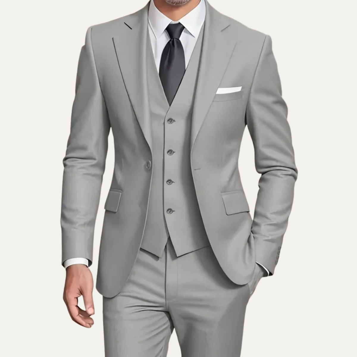 Men's three-piece slim fit suit with blazer, buttoned waistcoat and trousers