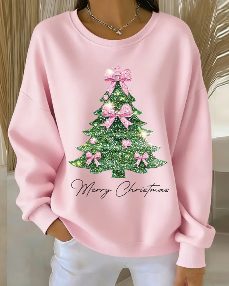 Women's long-sleeve sweatshirt with a decorated Christmas tree and Merry Christmas print