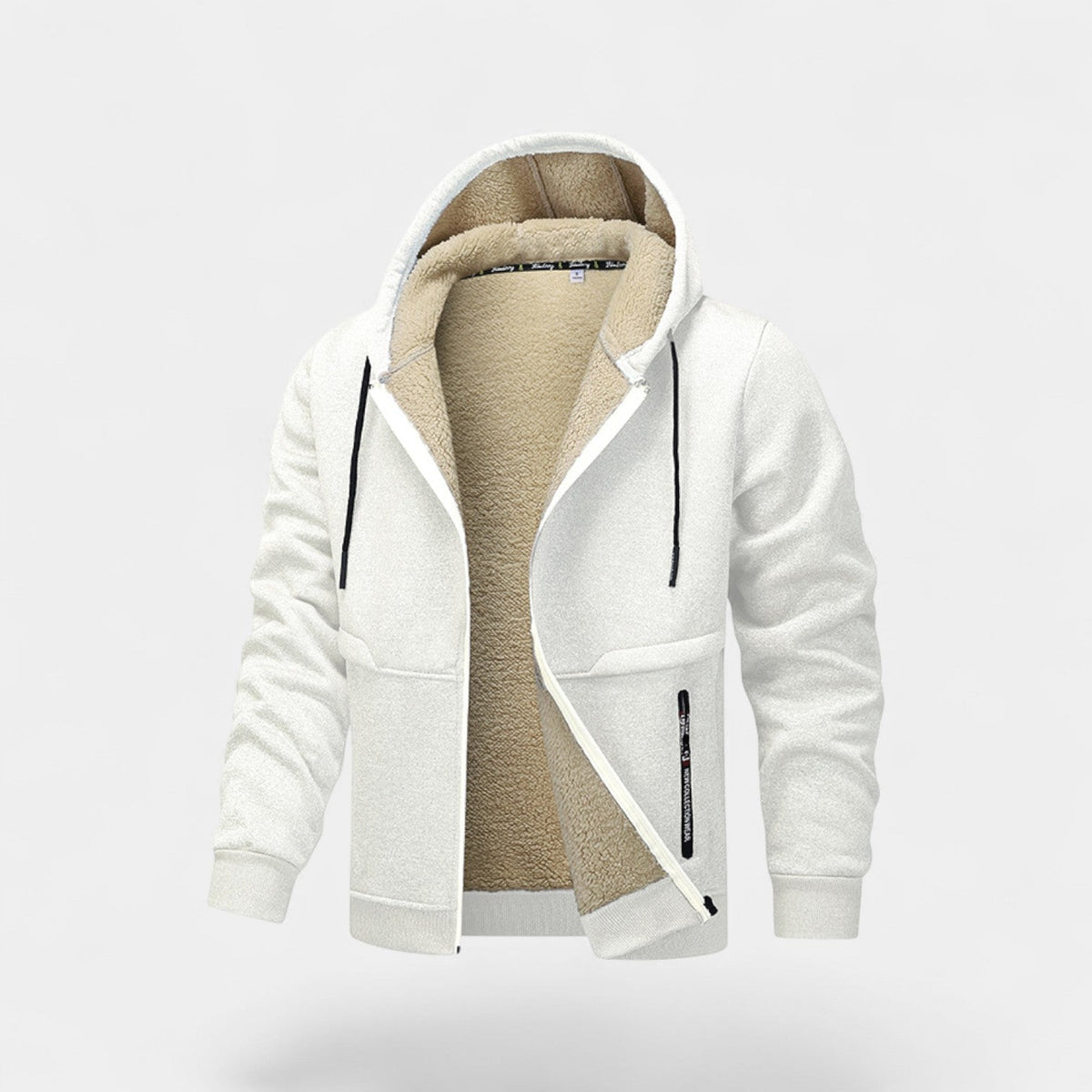Men's hooded zip cardigan with cream sherpa-style lining and front pockets