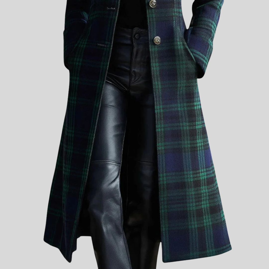 Women's dark blue and green checked longline coat with stand collar and button front