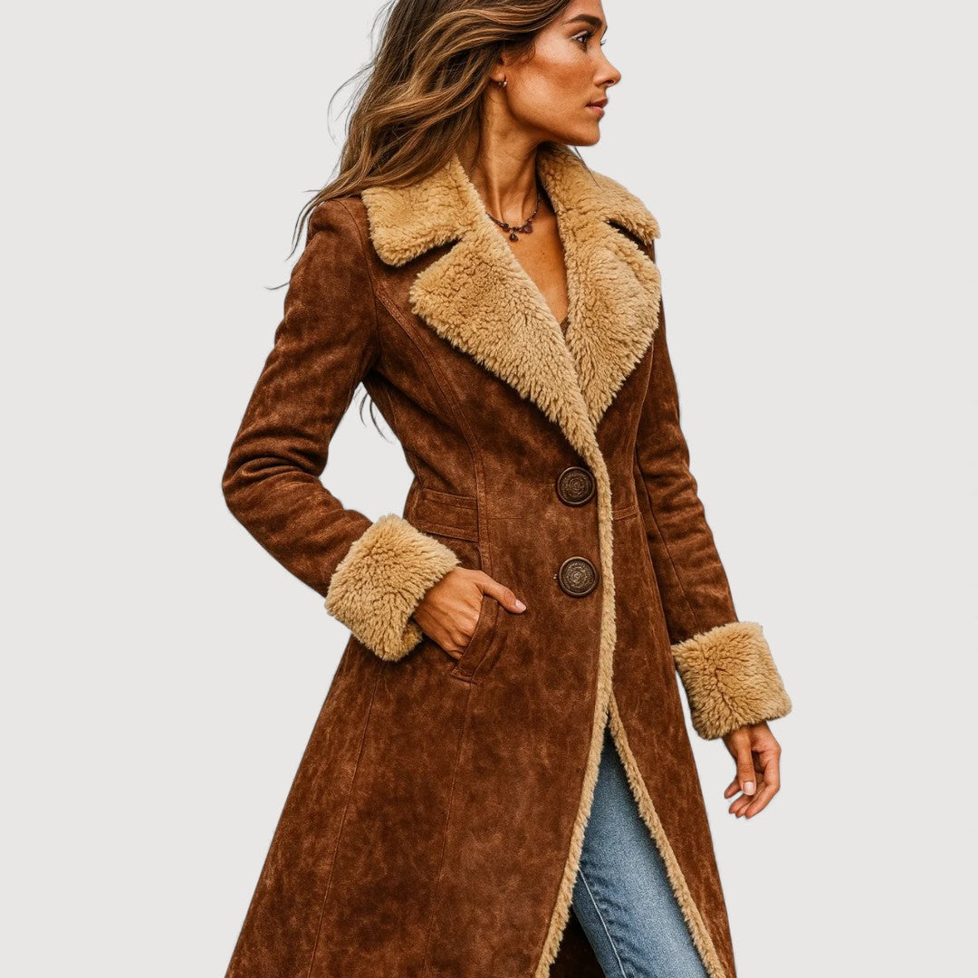 Women's brown longline coat with cream shearling-style collar and cuffs