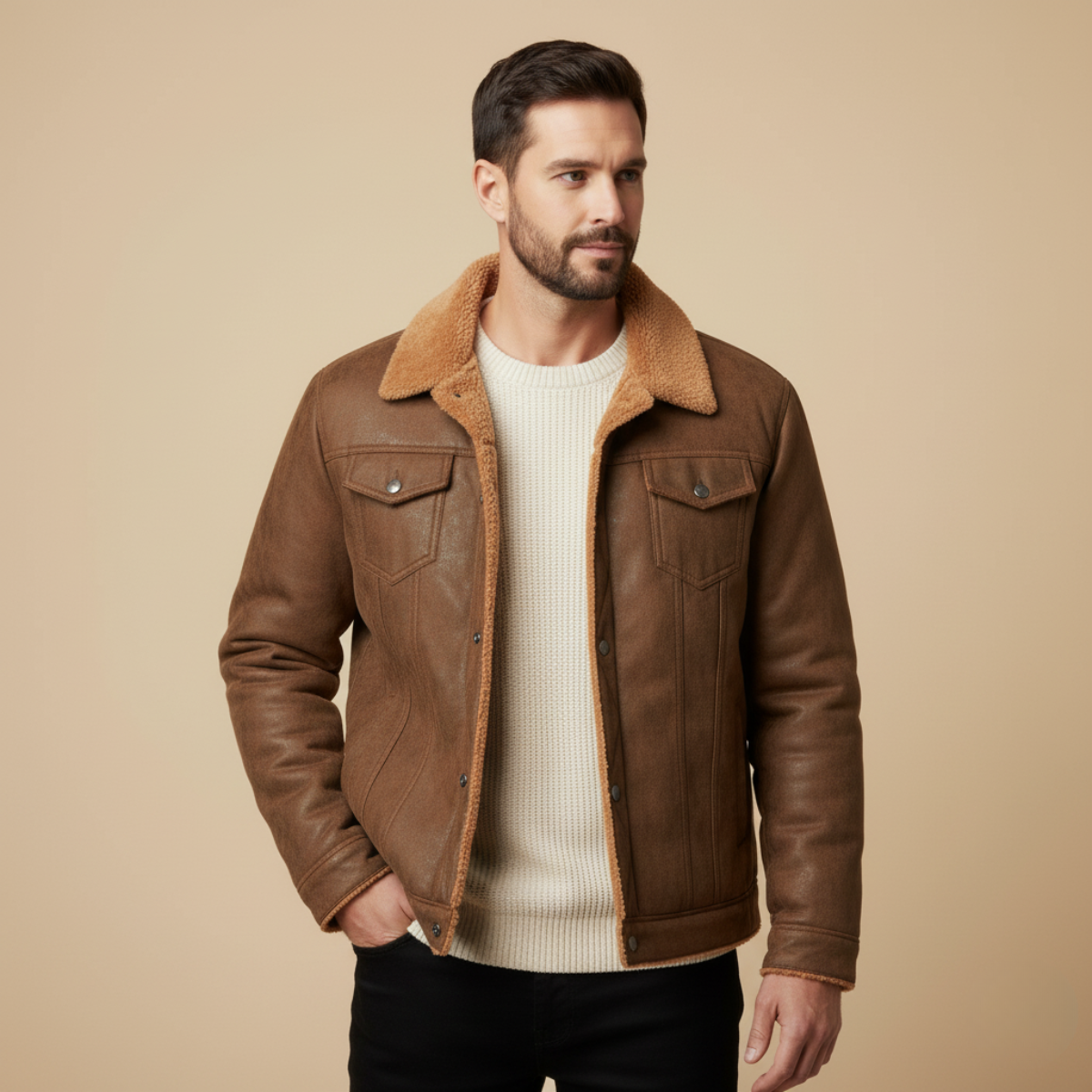 Men's fleece-lined faux leather jacket with shearling-style collar and multiple pockets