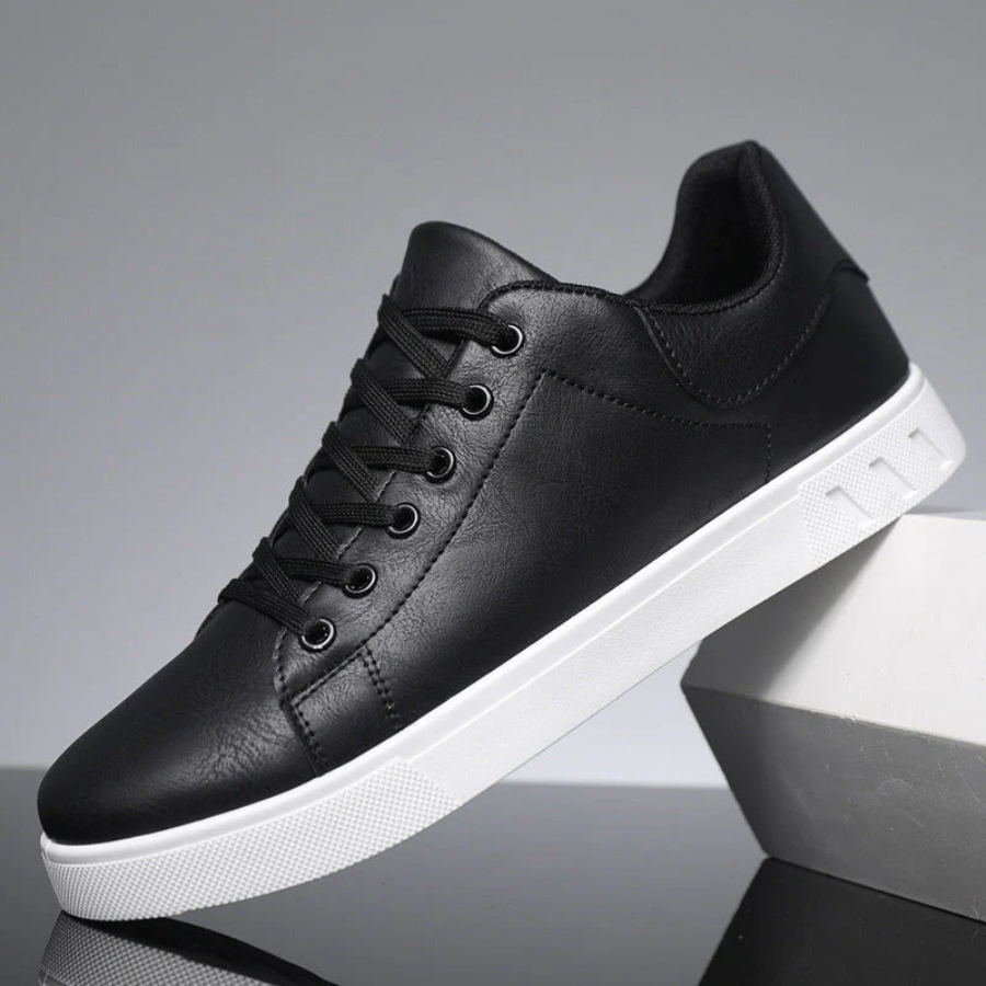 Men's Leather-Look Trainers Low-Top White Sole - Black