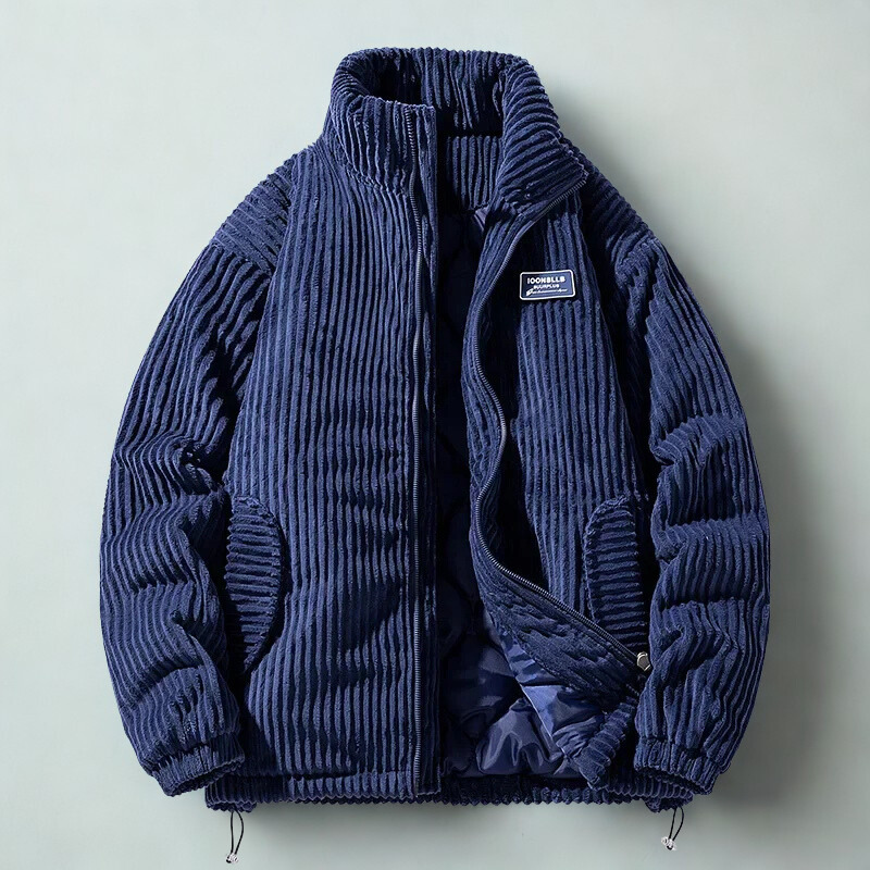 Men's corduroy quilted jacket with high collar and zip front