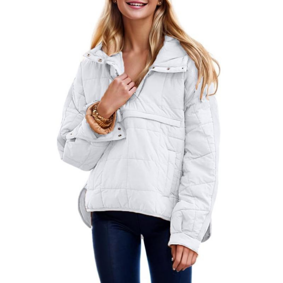 Women's oversized quilted hooded pullover jacket with long sleeves and front pockets