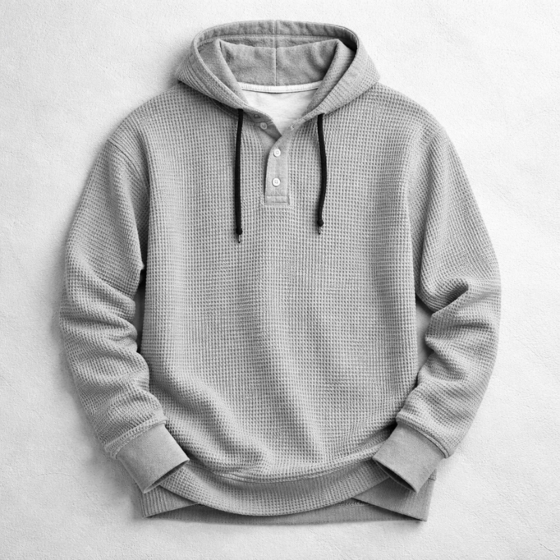 Men's waffle-knit Henley hoodie with drawstring hood and long sleeves