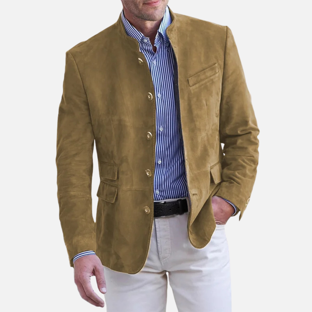 Men's stand collar button front jacket with chest and flap pockets