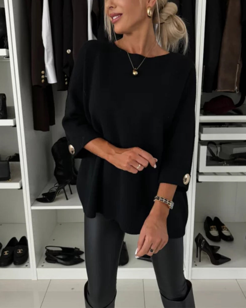 Women's plain round neck jumper with long sleeves and button cuffs