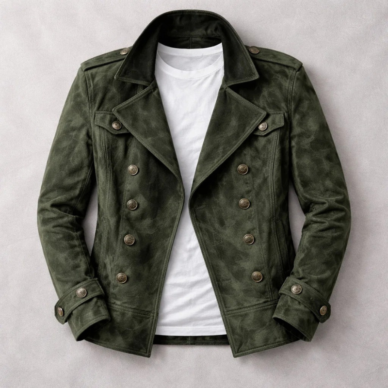 Men's structured Harrington coat with turn-down collar, button front, flap pockets and belted cuffs