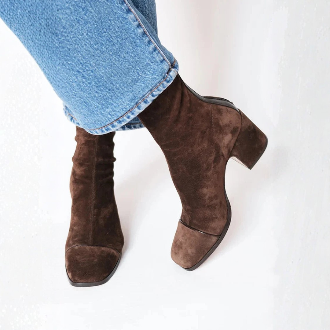 Women's brown ankle boots with square toes, side zips and block heels