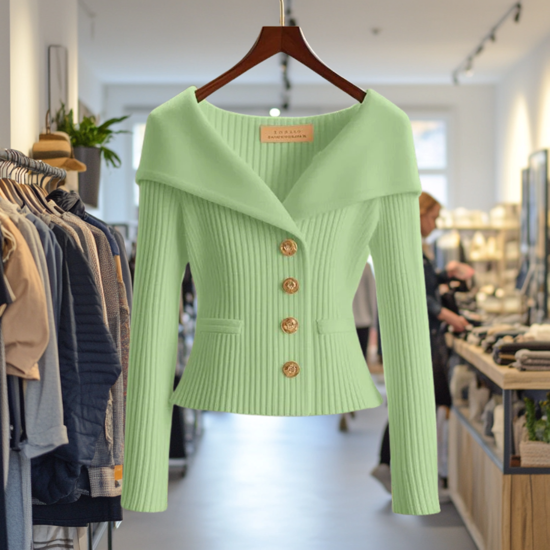 Ribbed women's cardigan with shawl collar, long sleeves and button front