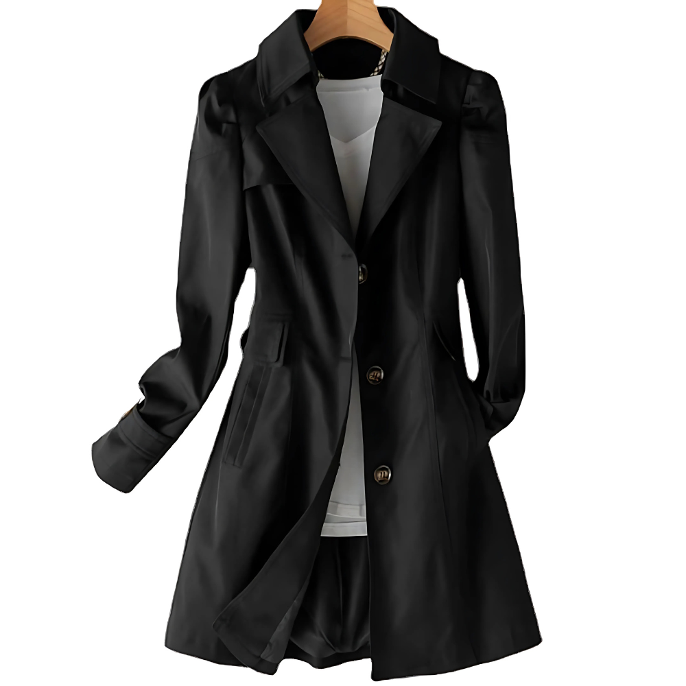Women's tailored trench coat with long sleeves, notched lapels, button front and flap pockets