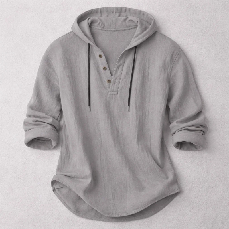 Men's long-sleeve hooded shirt with button placket and curved hem