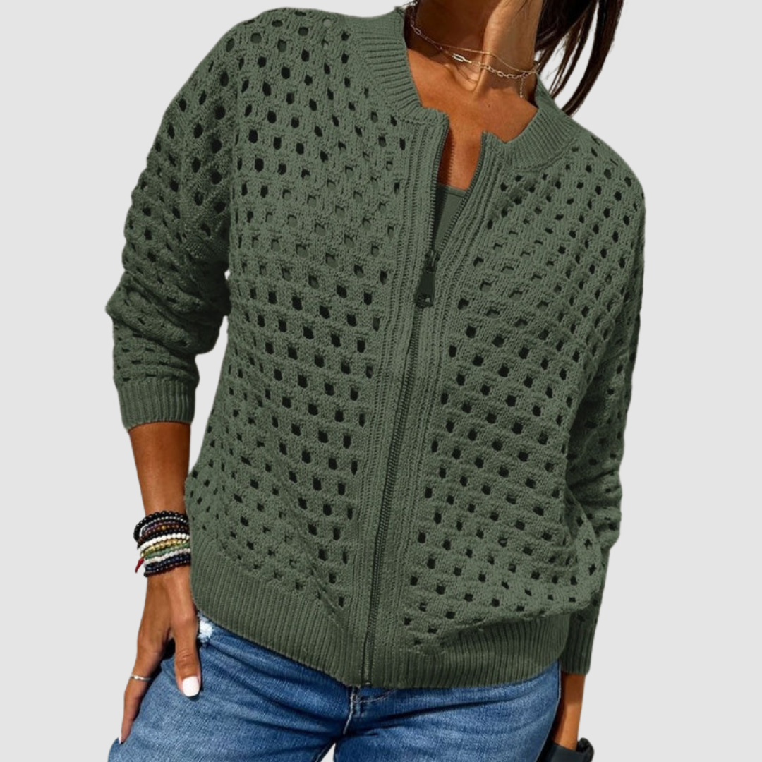 Women's openwork knitted cardigan with crew neck and front zip