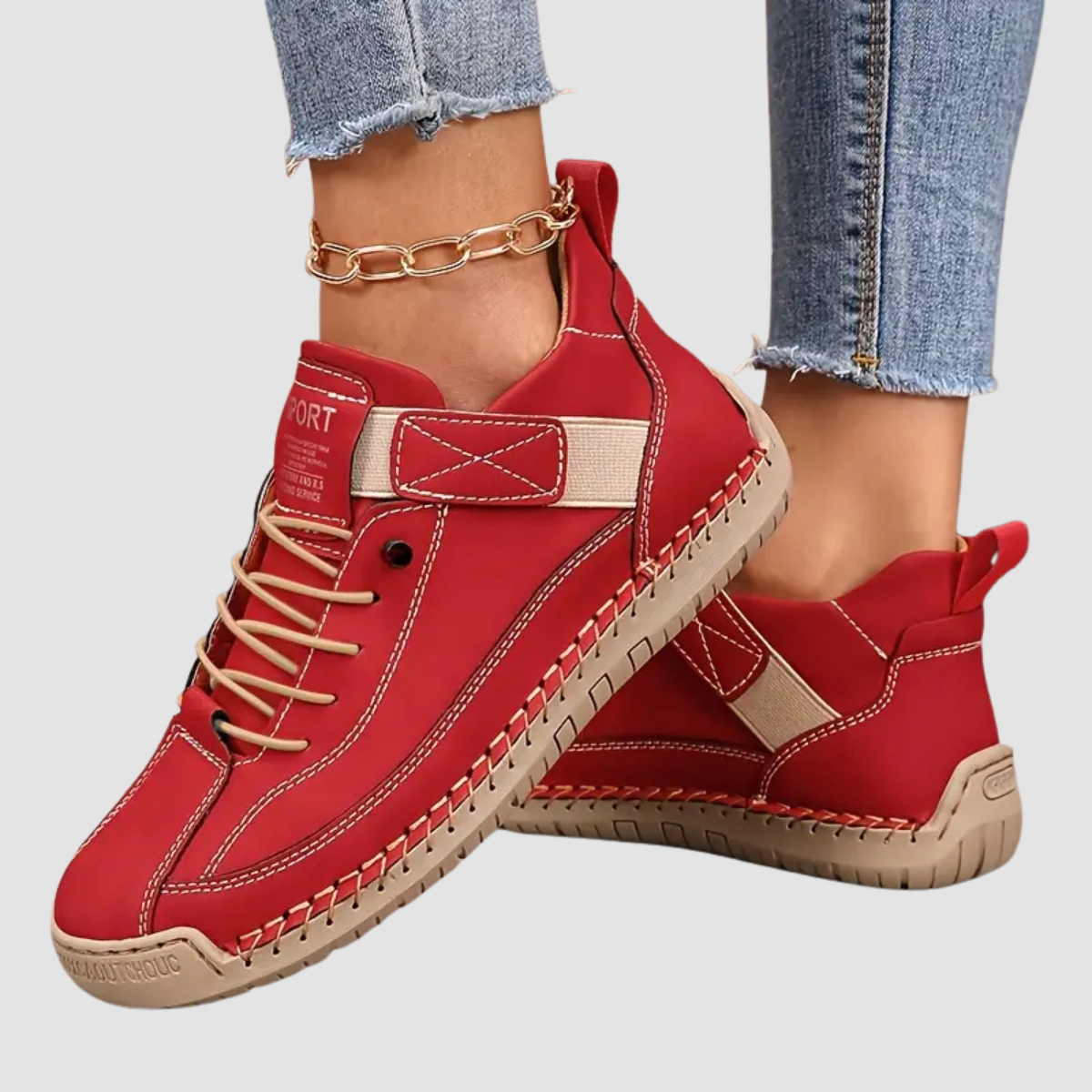 Women's Leather Sneakers Lace-Up Stitch Detail - Red