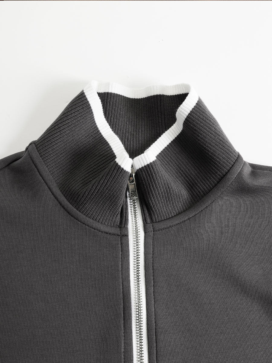 Ribbed Zip Lounge Set Grey White Loose Fit Tracksuit