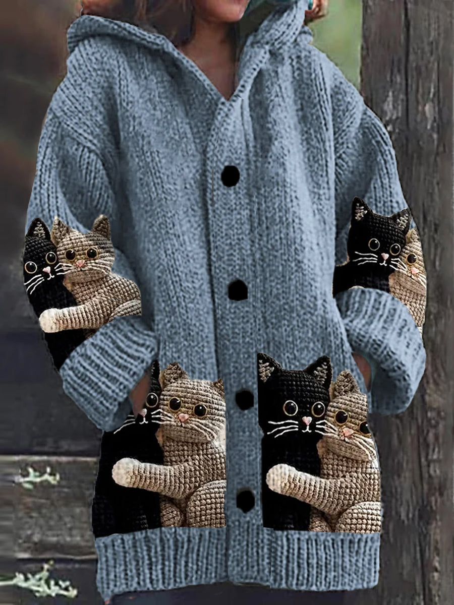 Women's hooded cardigan with cat print, buttons and long sleeves