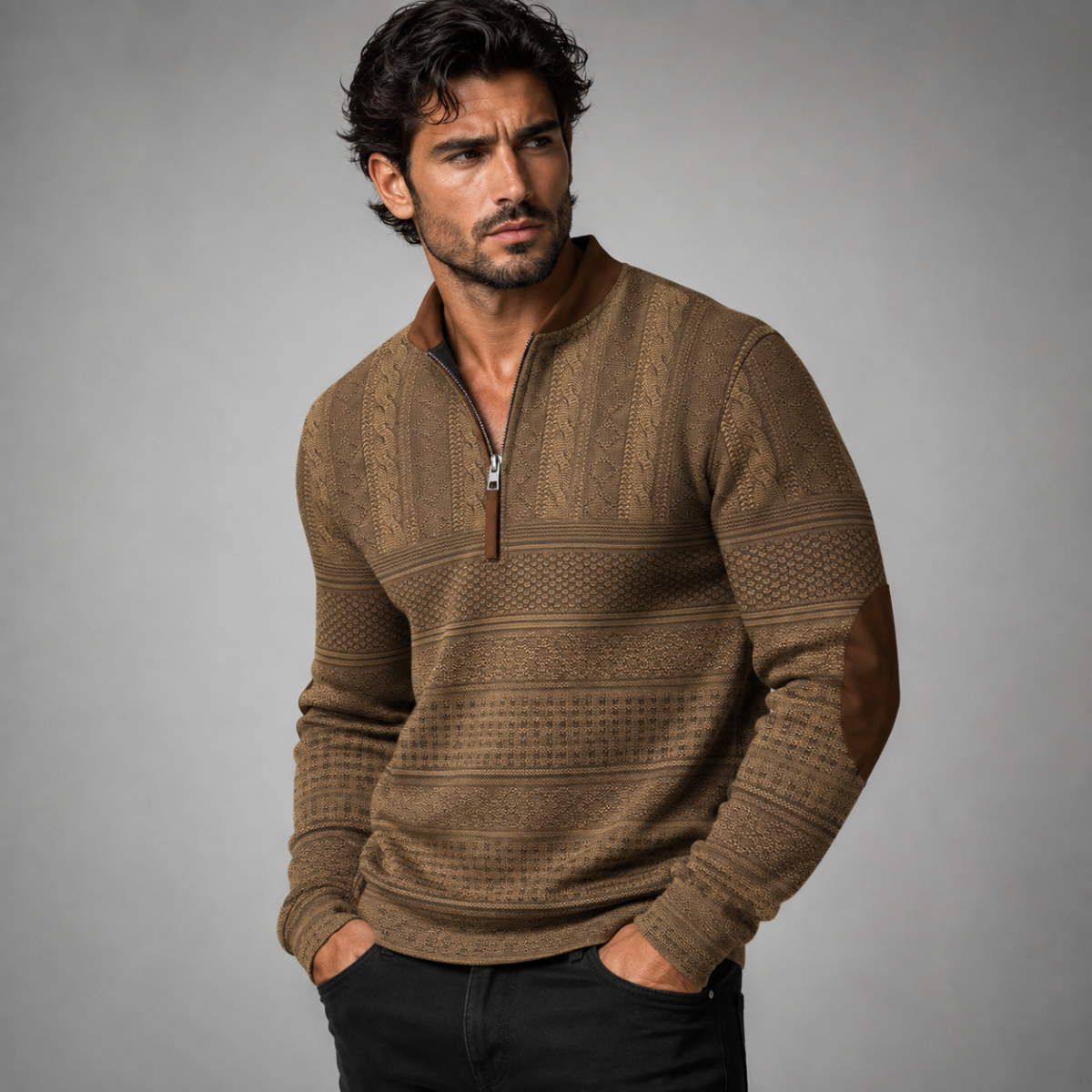 Men's textured patterned half-zip sweater with elbow patches and ribbed trims
