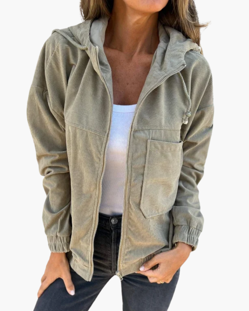 Women's hooded ribbed jacket with front zip, pockets and long sleeves