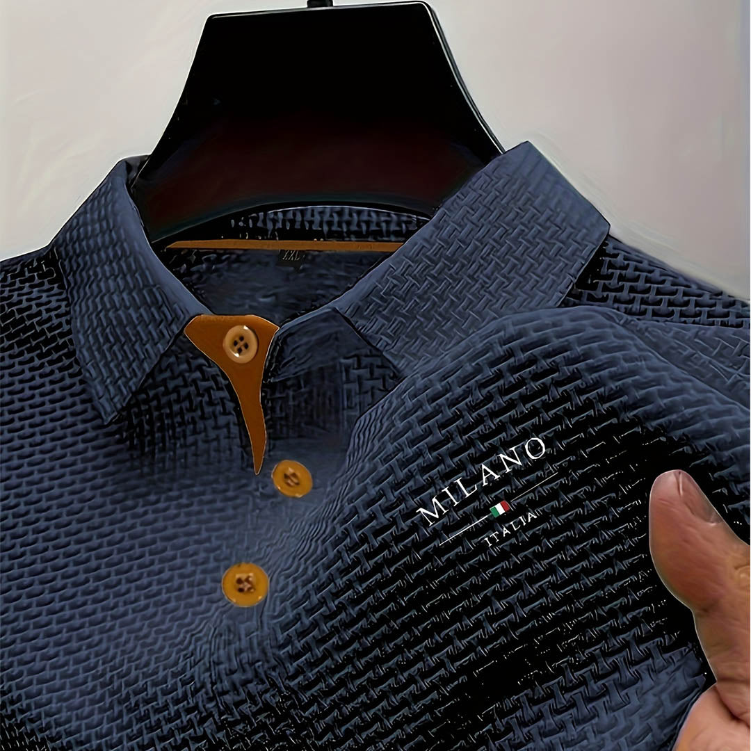 Men's Polo Shirt Textured Woven Button Collar - Navy
