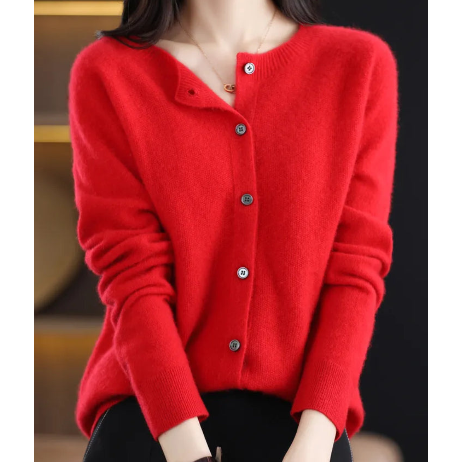 Women's Cardigan Merino Wool V-Neck Long Sleeve - Red