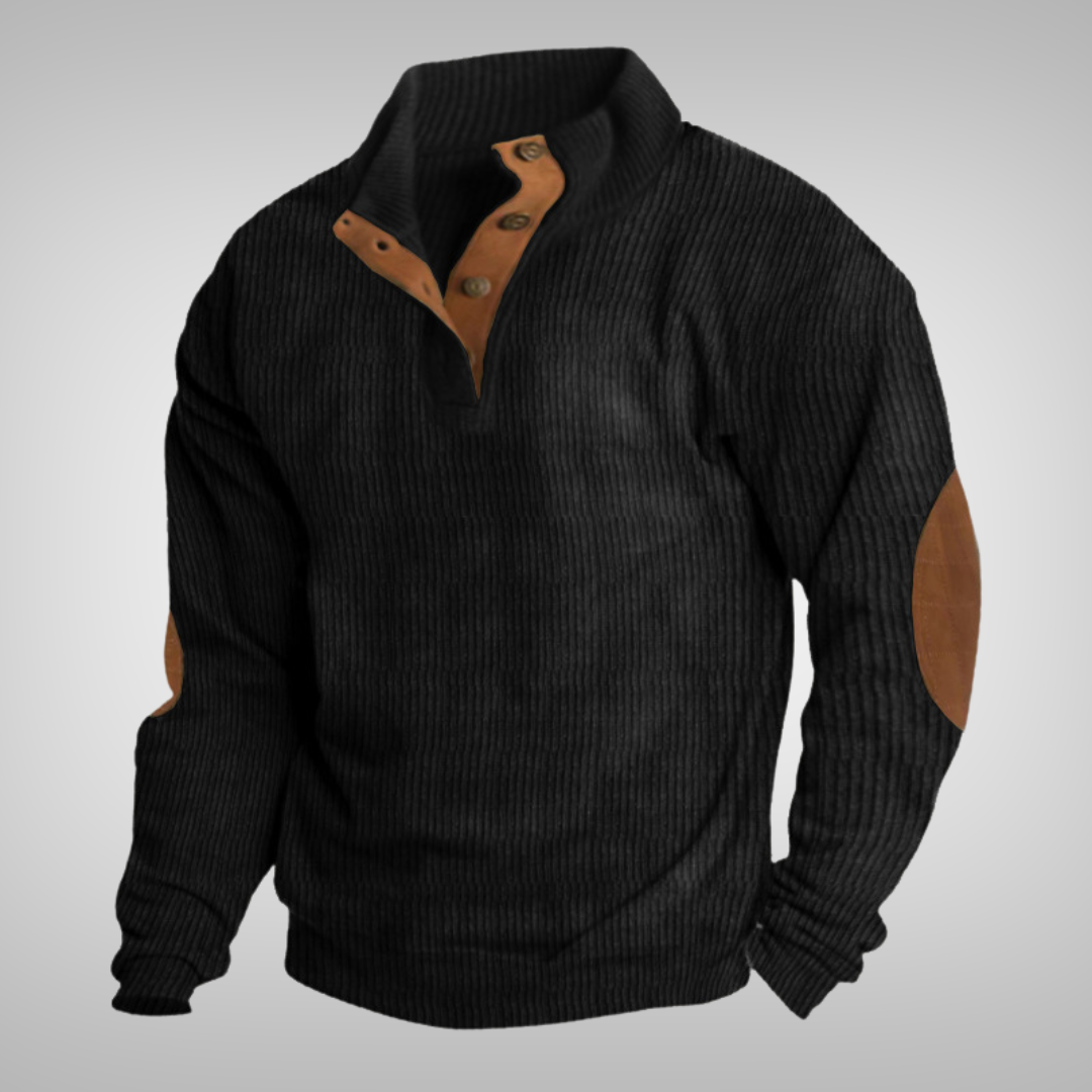 Men's ribbed jumper with stand collar, button neck and brown elbow patches