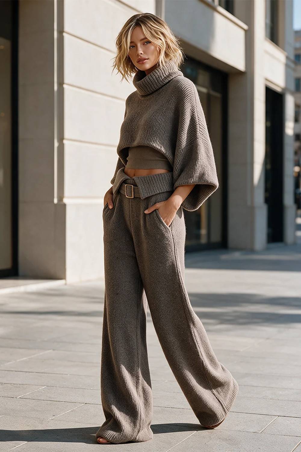 Women's grey turtleneck knit cropped top and wide-leg trouser set with belt