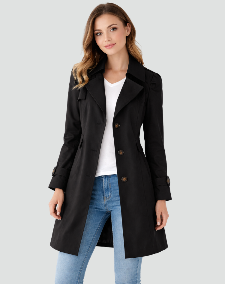 Women's slim fit trench coat with notched lapels, buttons and flap pockets