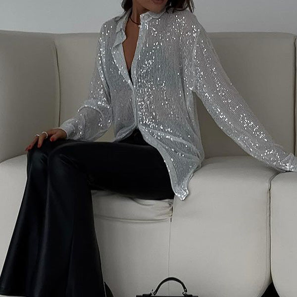 Women's long-sleeve sequin blouse with open collar and button front