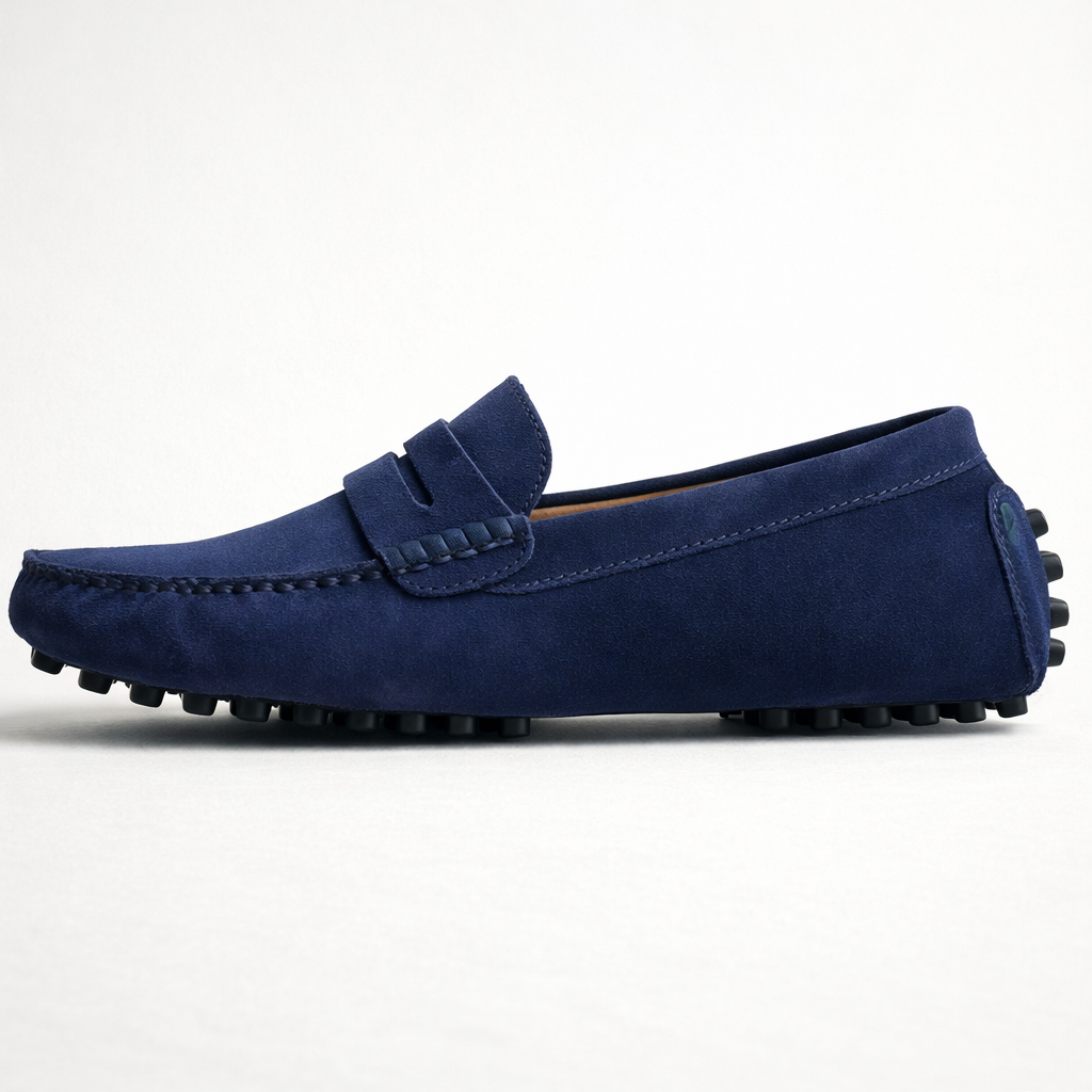 Men's slip-on loafers with moc toe stitching and penny strap detail
