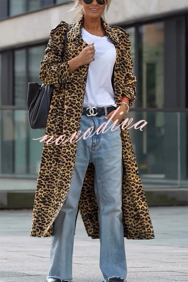 Women's long leopard print coat with lapel collar and long sleeves