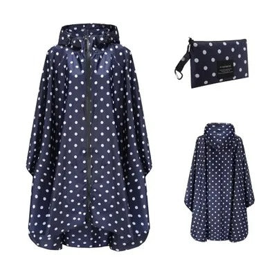 Patterned hooded rain poncho with zip front and wide sleeves