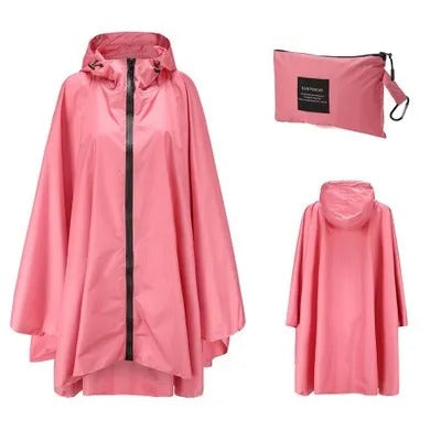 Patterned hooded rain poncho with zip front and wide sleeves