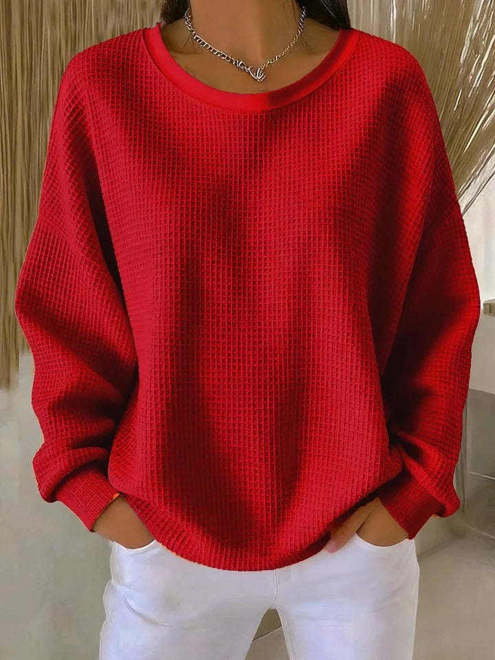 Women's long-sleeve waffle-knit crew-neck jumper with ribbed trims