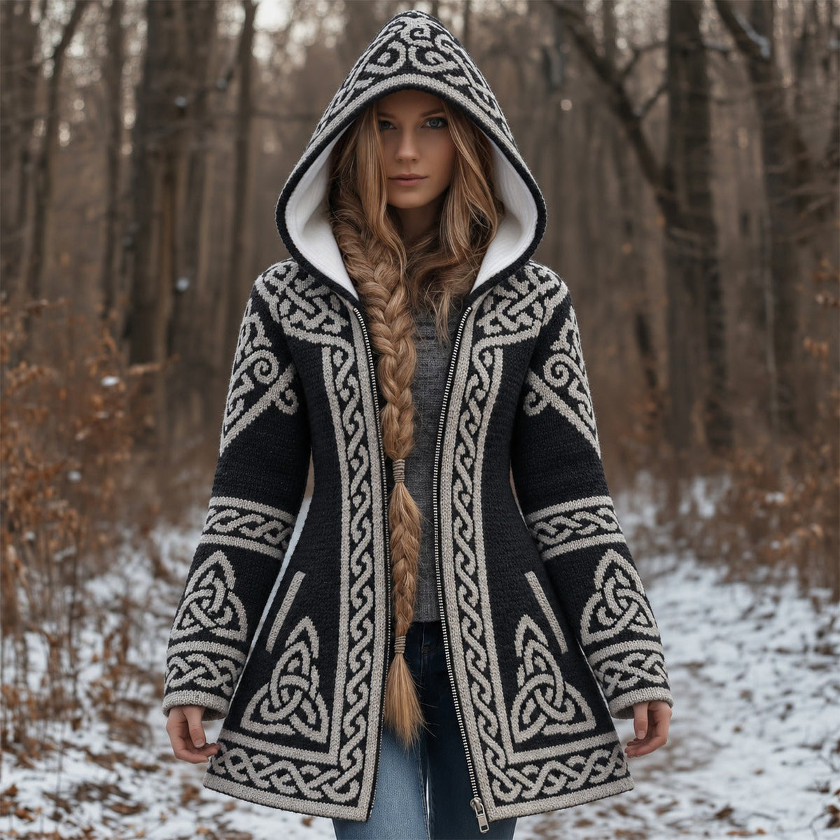 Women's black hooded sweater jacket with contrasting Celtic knot pattern and zip front