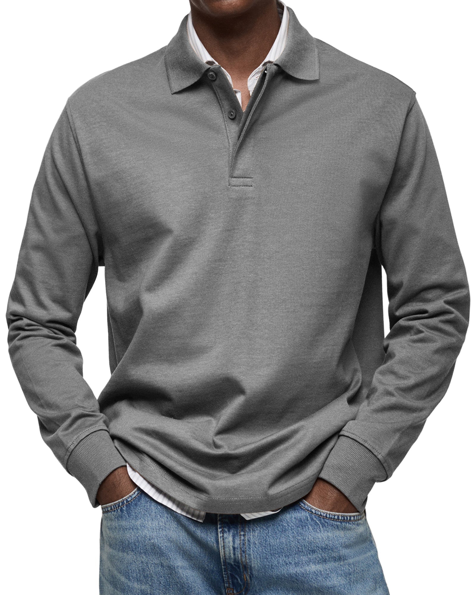 Men's long-sleeve polo jumper with collared neckline and button placket